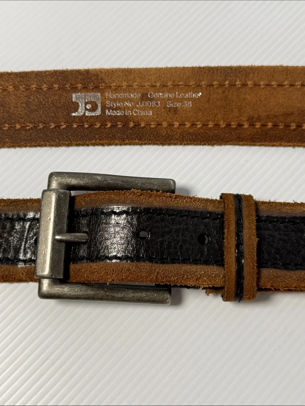 JOE'S Black Leather Brown Suede Raw Trim Men's Handmade Belt Size 38 Silver